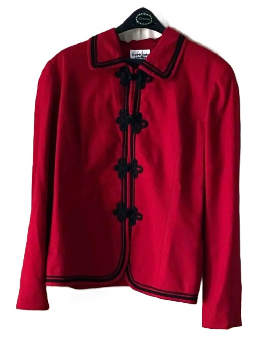 Vintage Stephanie Queller Red Rayon Jacket Black Frog Closures USA Size 18 NWT
